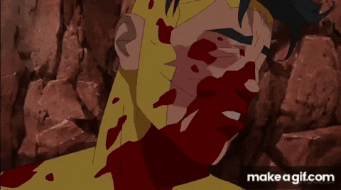 a cartoon character is fighting another cartoon character on a rocky hill .