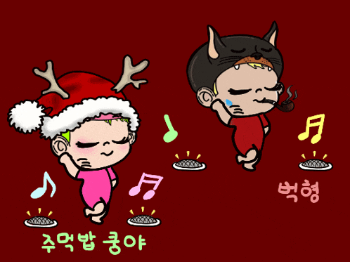 a cartoon of a girl wearing a santa hat and a boy wearing a batman mask