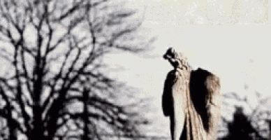 a statue of a woman with wings is standing in front of a tree .