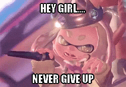 a cartoon character holding a microphone and saying " hey girl never give up "