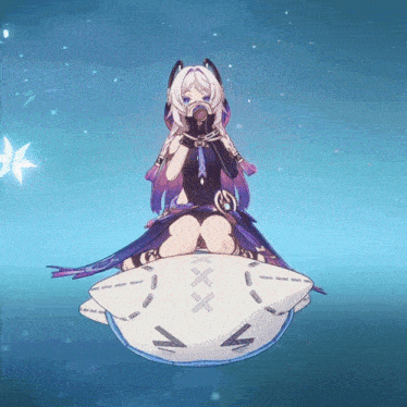 a girl with purple hair is sitting on a white item with x and v stitched on it