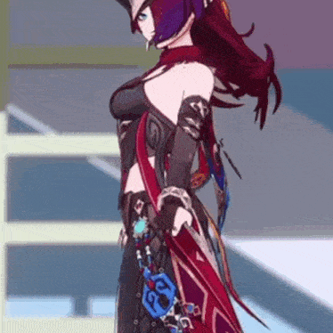 a woman in a red and black dress is holding a sword and a key .