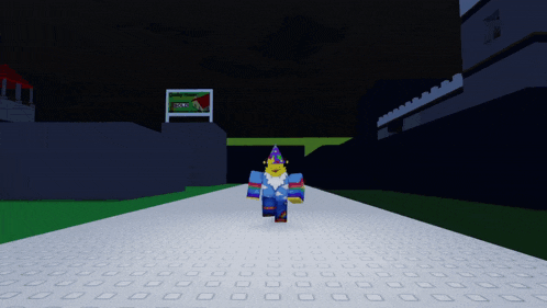 a cartoon character wearing a party hat is walking down a path