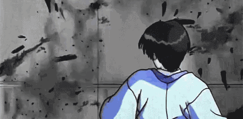 a black and white drawing of a boy standing in front of a wall with a lot of black spots on it .