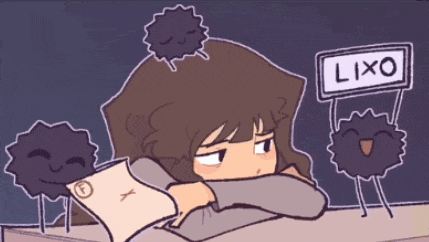 a cartoon of a girl laying on a desk with a lixo sign behind her