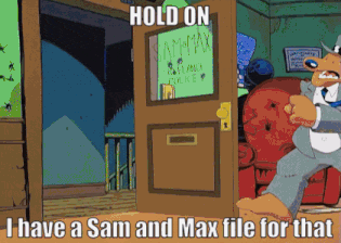 a cartoon of a man standing in front of a door that says " hold on "