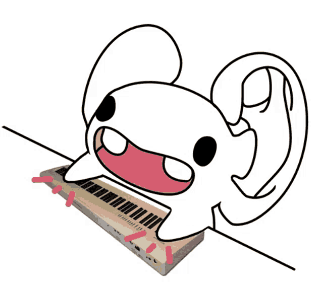 a cartoon drawing of a mouse holding a keyboard that says yamaha