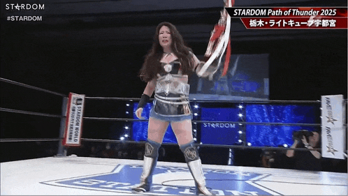a woman in a wrestling ring with the word stardom on the corner