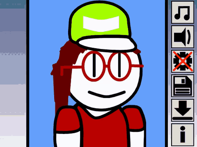 a cartoon character wearing glasses and a green hat with a white arrow on it