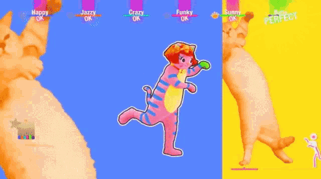 a girl in a pink tiger costume is dancing in a video game while a cat looks on .