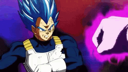 a cartoon character with blue hair and a purple hand
