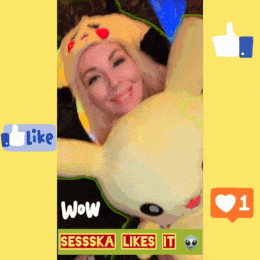 a woman in a pikachu costume is surrounded by likes and wow buttons