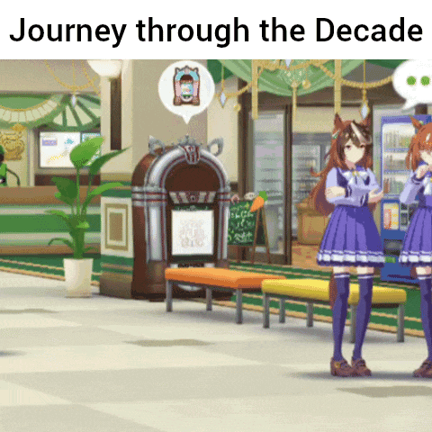 two anime girls are standing in front of a jukebox with the words " journey through the decade " above them