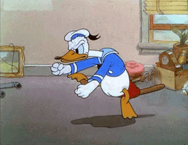 a cartoon character named donald duck is running with a broom in his hand