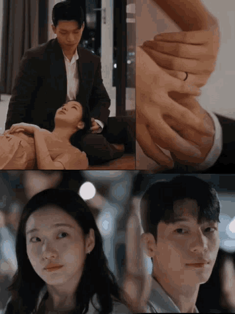 a man in a suit holds a woman 's hand with a ring on her finger