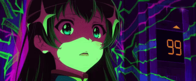 a girl with green hair and blue eyes stands in front of a sign that reads 99