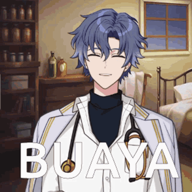 a man with a stethoscope around his neck is standing in a room with the word buaya written on it