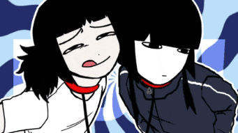 a cartoon of two girls standing next to each other with one wearing a red collar