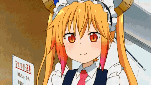 a girl in a maid outfit is smiling in front of a sign that says ' hire a maid ' on it
