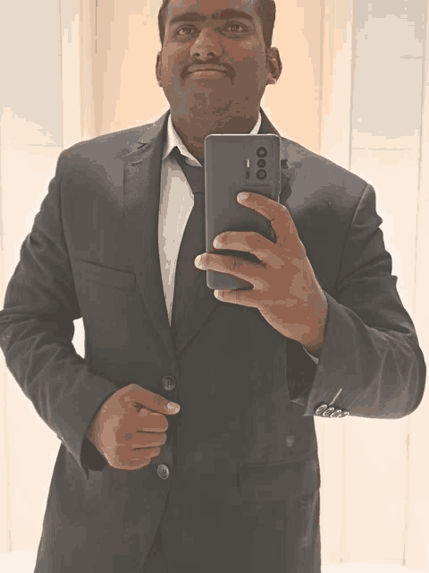 a man in a suit is taking a picture of himself with a cell phone