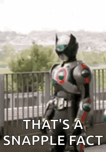 a robot is standing on a balcony with a sword and says `` that 's a snapple fact '' .