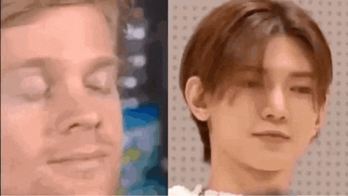 a close up of a man 's face with his eyes closed and another close up of a man 's face .