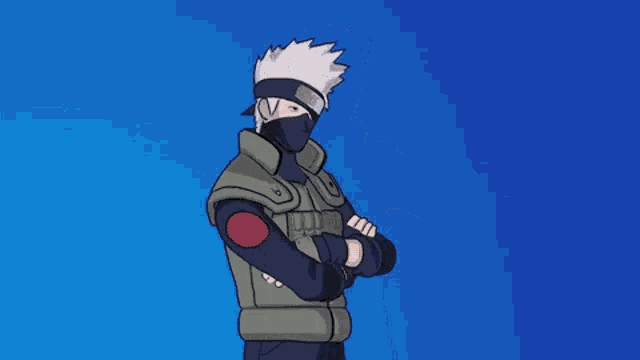 a cartoon character wearing a mask and gloves is standing with his arms outstretched against a blue background .