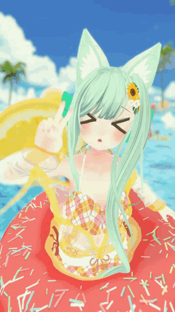 a girl with green hair is sitting in a donut shaped float