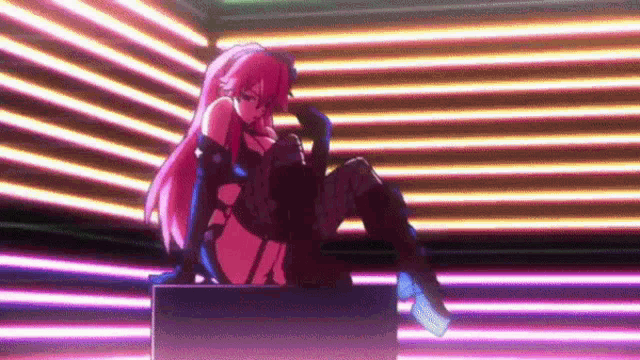 a girl with long pink hair is sitting on a box in a room with neon lights .