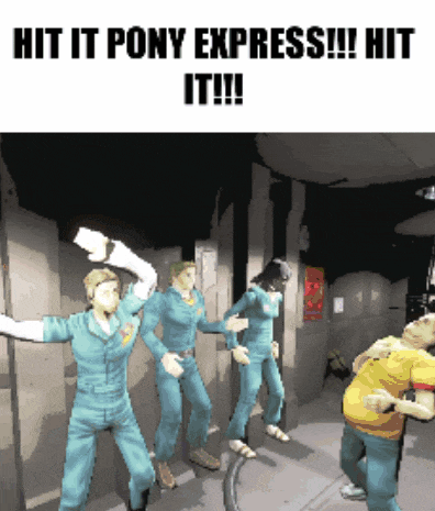 a group of people are dancing in a room with the words hit it pony express hit it
