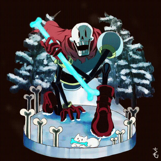 a cartoon drawing of papyrus holding a sword and a bone