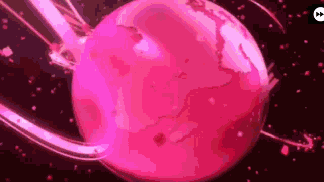 a pink globe is being destroyed by a beam of light in space .