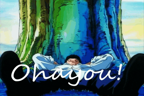 a cartoon of a man laying under a tree with the words ohayou written on the bottom