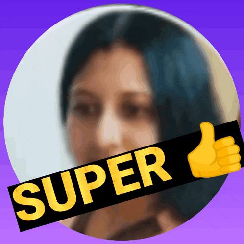 a blurred image of a woman with a thumbs up and the word super behind her