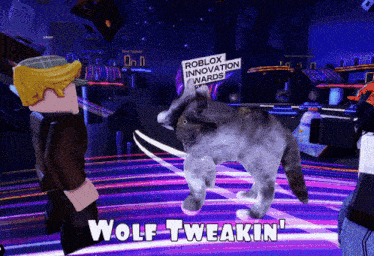 a wolf is standing in front of a sign for roblox innovation awards