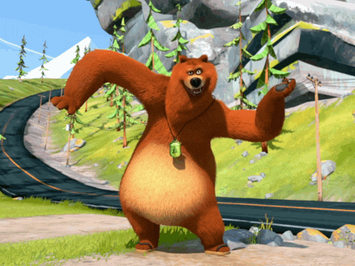 a cartoon bear with a necklace around his neck that says ' bear ' on it
