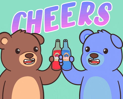 two teddy bears toasting with bottles of martini in front of the words cheers