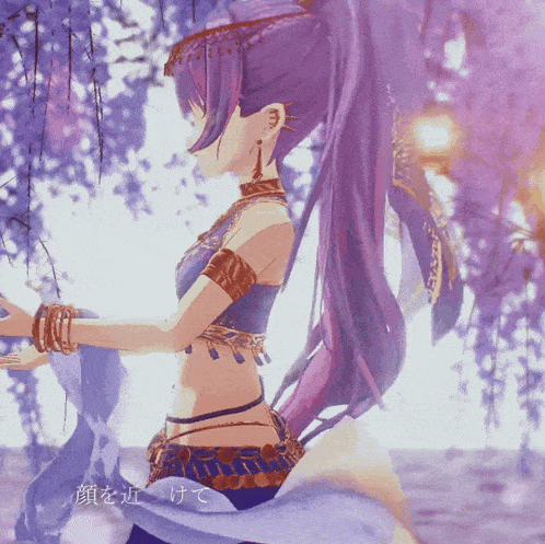 a woman with purple hair is dancing in front of a tree with purple flowers