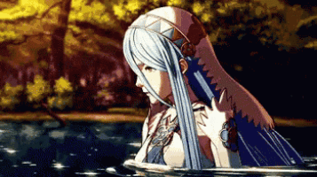 a pixel art of a woman with long hair standing in the water .