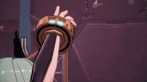 a video game character 's hands are reaching out towards another character 's hands .