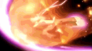 a computer generated image of a person holding a sword in front of a purple and orange background .
