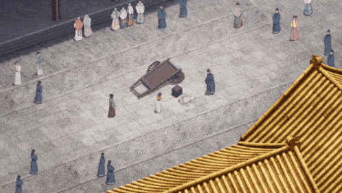 a group of people standing around a wagon on a brick pavement