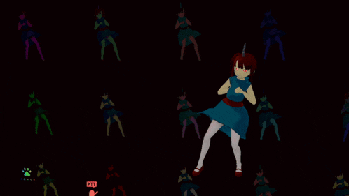 a girl in a blue dress is surrounded by other girls in different colors