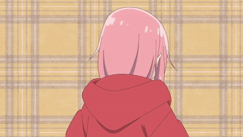 a girl with pink hair is covering her face with her hands while a train flies in the background