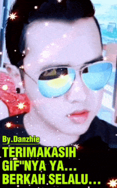 a man wearing sunglasses says " terima kasih gif nya ya ... berkah selalu ... "