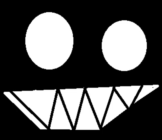 a black and white drawing of a smiling face with a triangle mouth and teeth .