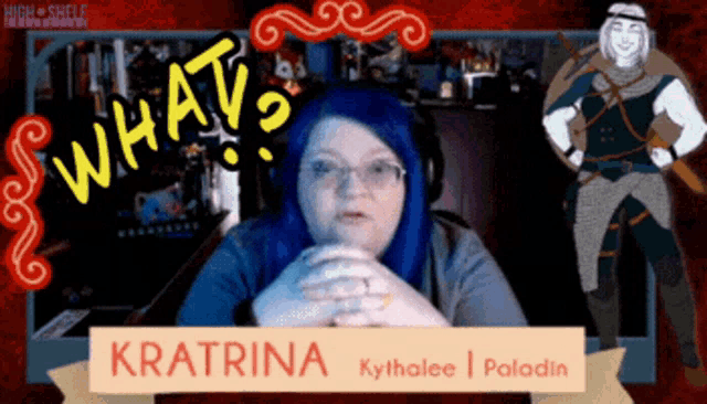 a woman with blue hair is sitting in front of a sign that says what on it