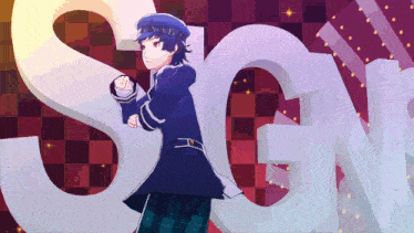 a man in a blue hat is dancing in front of a large sgn sign