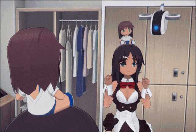 a girl in a maid outfit stands in front of a mirror