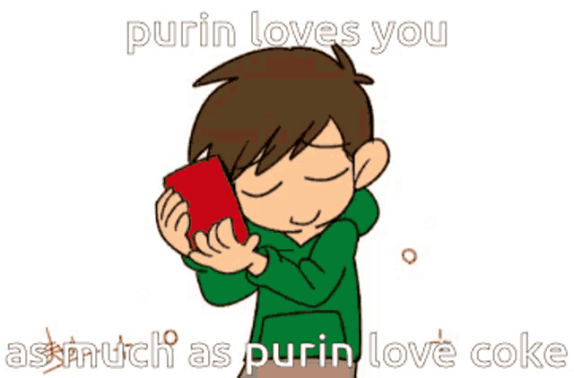 a cartoon of a boy kissing a red object with the caption purin loves you